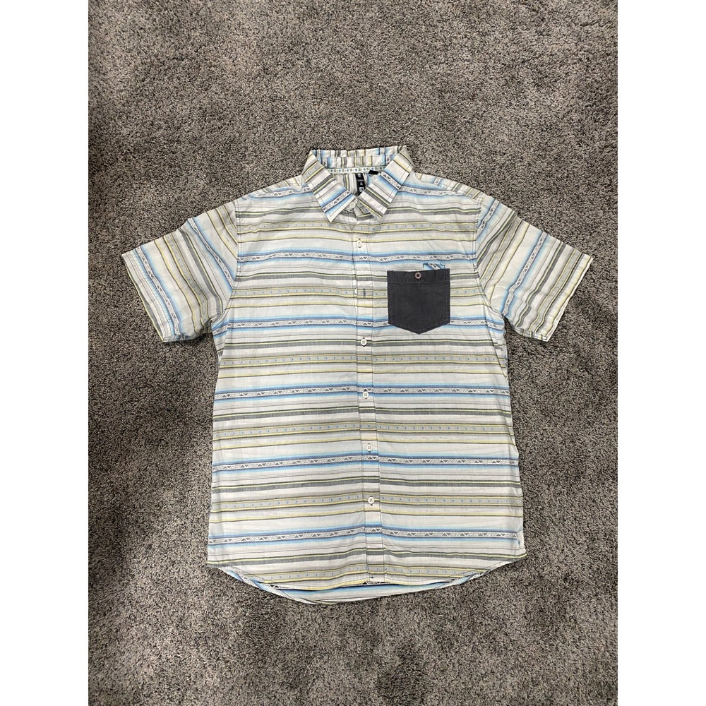 TenTree Button Up Short Sleeve Striped Tribal Geometric Pocket White Medium